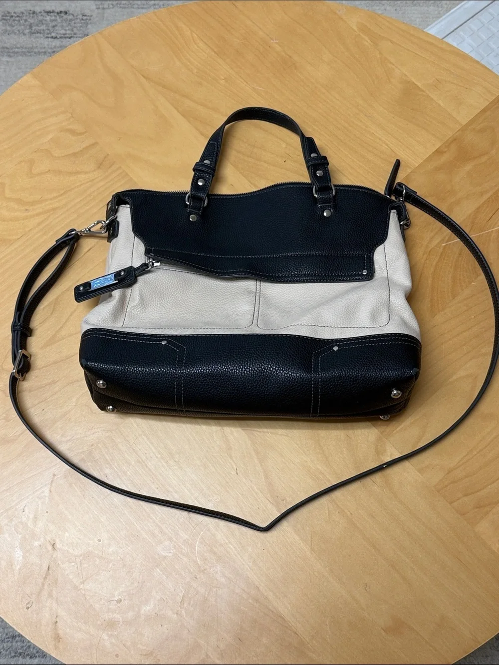 Nine West Black and Cream Two-Tone Faux Leather Pebbled Tote Bag